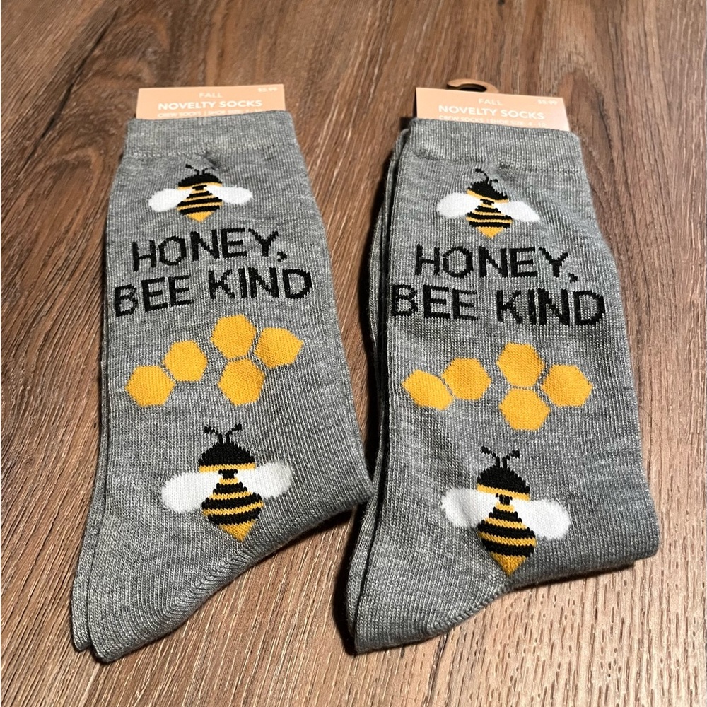Gray Honey Bee Kind Novelty Socks 2 pair